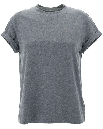 Brunello Cucinelli Crewn Neck T-Shirt With Pearls - Grey