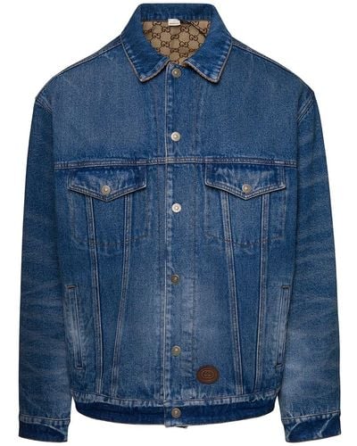 Gucci Reversible Denim Jacket With Monogram Gg Canvas - Blue