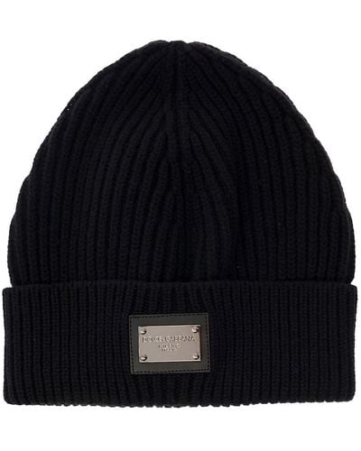 Dolce & Gabbana Ribbed Beanie With Logo Plaque - Blue