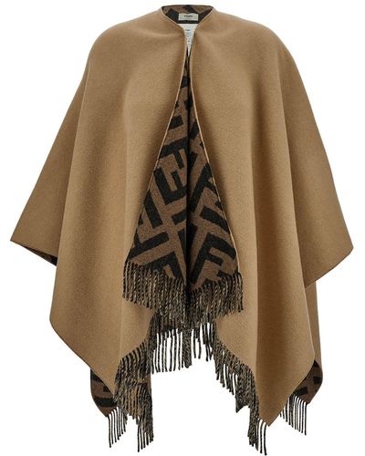 Fendi And Poncho With Fringed Hem And Ff Print - Brown