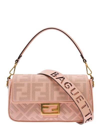 Fendi 'baguette' Shoulder Bag With All-over Raised Ff Embroidered Motif In Canvas Woman - Pink