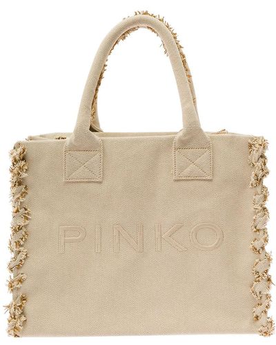 Pinko 'Beach' Tote Bag With Logo Lettering Embroidery - Natural