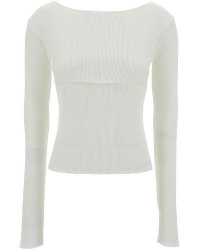 Low Classic Ribbed Top With Boat Neckline And Buttons - White