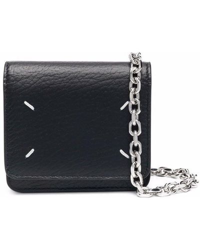 Maison Margiela Black Wallet With Silver-tone Chain And Stitching Detail In Leather - Blue