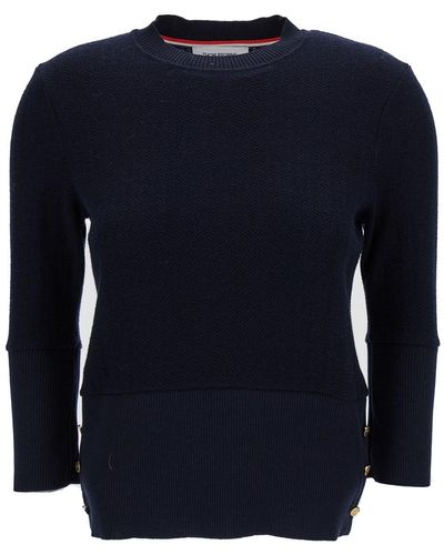 Thom Browne Jumper With Buttons Details And 3/4 Sleeves - Blue
