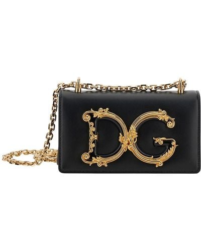 Dolce & Gabbana Dg Girls Black Phone Bag With Chain Strap And Baroque Logo In Leather