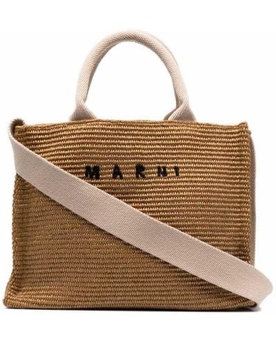 Marni Small Two-Tone Raffia Effect Fabric Tote Bag - Brown