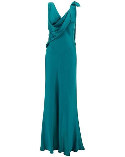 Alberta Ferretti Long Draped Dress With V Neckline - Blue