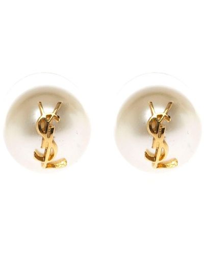 Saint Laurent Ysl Pearl Metal Earrings With Logo - White