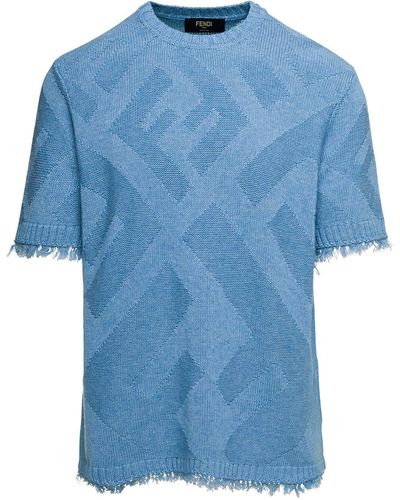Fendi T-shirt con trama ff obliqua e frange in cotone uomo - Blu