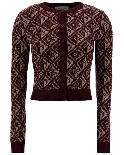 Marine Serre Bordeaux Cropped Cardigan With All-over Moon Diamant Print In Wool Blend - Brown