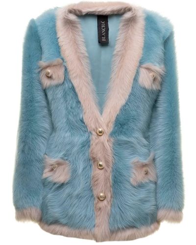 Blancha Fur Jacket With Contrasting Piping And Nacrel Buttons Woman - Blue