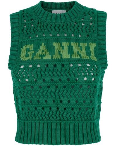 Ganni Crochet Vest With Logo - Green