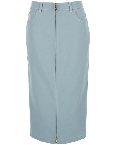 Fendi Light- Denim Midi Skirt With Logo - Blue