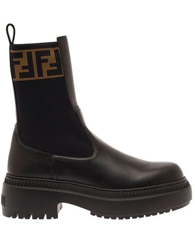 Fendi Biker Boots With Ff Motif In Leather And Stretch Jersey - Black