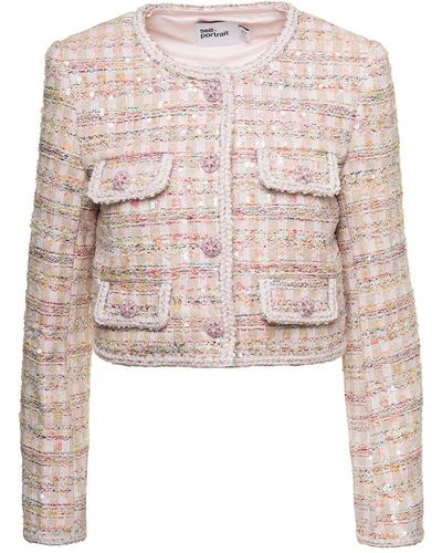 Self-Portrait Short Jacket With Paillettes And Jewel Buttons In Tweed - Pink