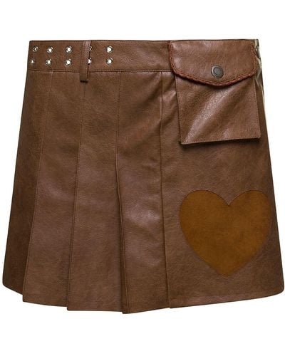 ANDERSSON BELL 'Arina' Pleated Mini Skirt With Heart And Patch P - Brown