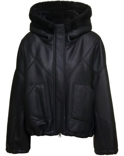 Blancha Cropped Hooded Shearling Jacket - Black