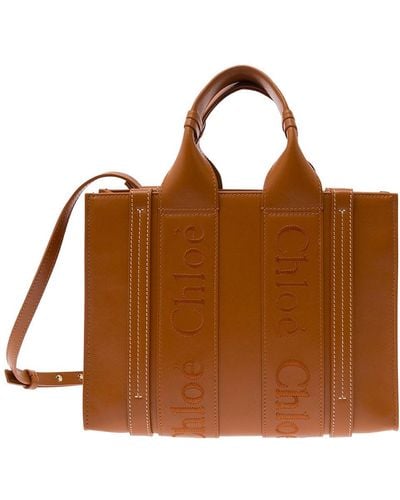 Chloé 'Small Woody' Tote Bag With Tonal Logo Detail - Brown