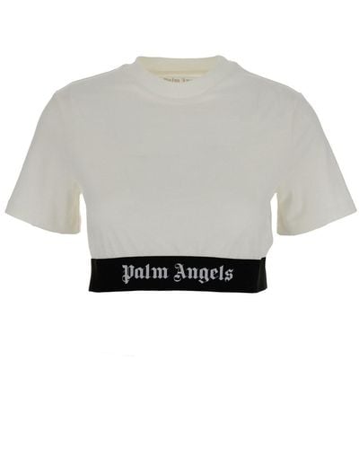 Palm Angels T-Shirt Cropped Con Logo Jacquard Bianca - Grigio