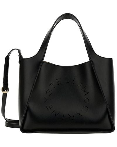 Stella McCartney Black Tote Bag With Perforated Logo Lettering Detail At The Front In Faux Leather