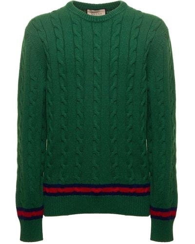 Gucci Cable Knit Sweater With Signature Web - Green