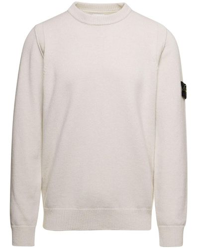 Stone Island White Sweater With Long Sleeves And Side Logo Patch In Wool Blend Man
