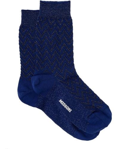 Missoni Black And Blue Iconic Zig Zag Short Socks In Lightweight Lamé Knit Woman