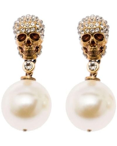 Alexander McQueen Pearl Pendant Earrings With Skull Antique Gold-tone In Brass - White