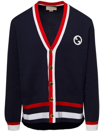 Gucci Cardigan With Interlocking G Patch And Contrasting Trim In - Blue