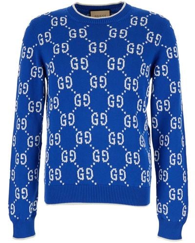 Gucci All-Over Logo Inlay Work Crew Neck Sweater - Blue