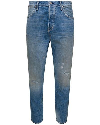 Tom Ford Light 5-Pocket Style Jeans With Rips And Logo Patch - Blue