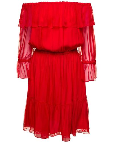 Gucci Mini Off-the-shoulders Dress With Ruffles In Silk Chiffon Woman - Red