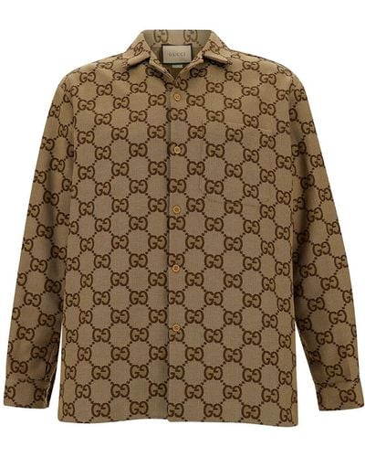 Gucci Camel And Brown Long Sleeve Bowling Shirt In Maxi gg Canvas - Green