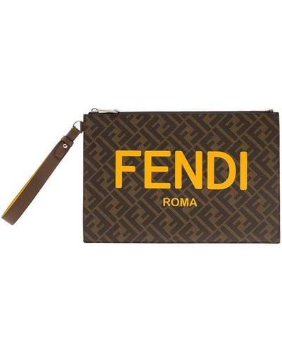 Fendi Brown Flat Pouch With Ff Diagonal Motif And Logo Print In Canvas - Metallic