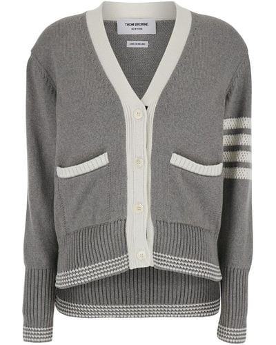 Thom Browne V-Neck Cardigan With 4-Bar Detail - Gray