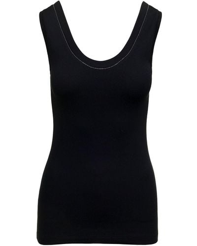 Brunello Cucinelli Ribbed Tank Top With Monile Detail In Stretch Cotton - Black