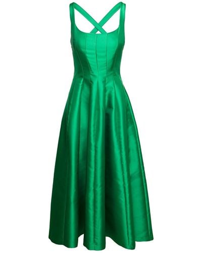 Plain Maxi Dress With Pleated Skirt And Criss-Cross Straps - Green