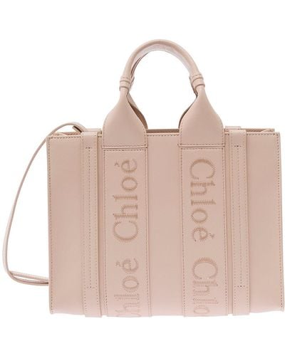 Chloé 'Small Woody' Tote Bag With Tonal Logo Detail - Natural
