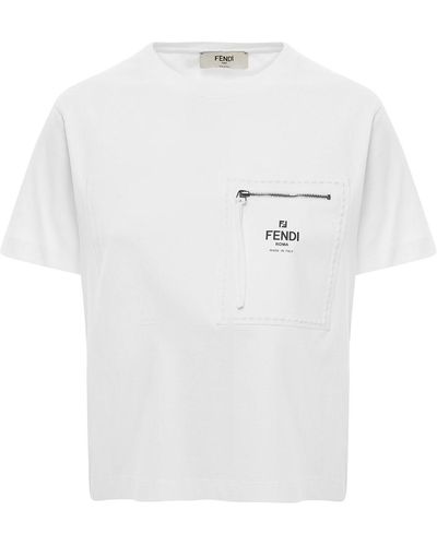 Fendi Cropped T-shirt With Zippered Pocket And Logo On The Chest In Cotton Woman - White