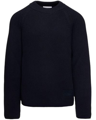 Ami Paris Dark Blue Crewneck Ribbed Sweater With Tonal Logo Patch In Wool And Cotton Man