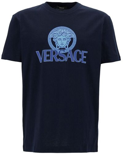 Versace T-Shirt Girocollo Con Stampa Logo A Contrasto - Blu
