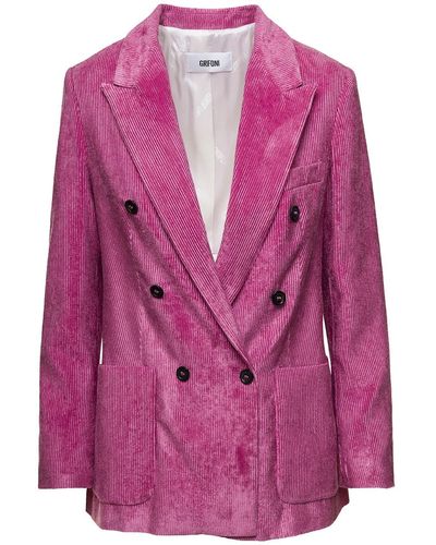 Grifoni Loose Double-breasted Jacket With Patch Pockets In Corduroy - Pink