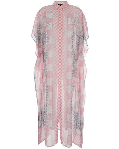 Versace Shirt Dress With Barocco Check Print All-Over - Pink