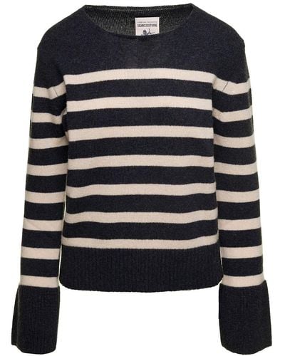 Semicouture Striped Sweater With Wide Crewneck And Long Sleeves I - Black