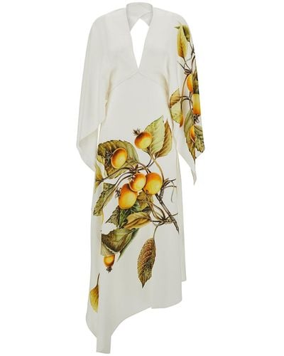 Ferragamo Asymmetric Dress With Botanical Print - White