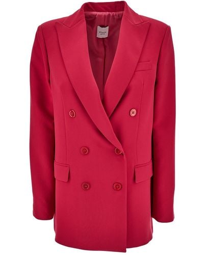 Plain Red Double-breasted Jacket With Peaked Revers And Tonal Buttons In Stretch Fabric