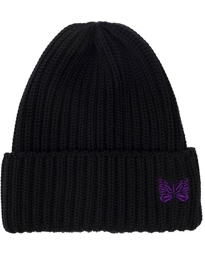 Needles Black Ribbed Beanie With Purple Logo Embroidery In Wool Man