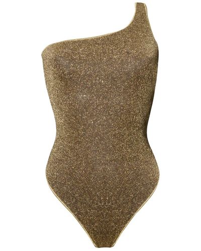Oséree Oséree Woman's One-shoulder Swisuit In Gold-tone Recycled Lurex Knit - Metallic