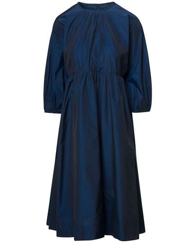 Max Mara 'davina' Midi E Dress With Gathered Waist And Pleated Skirt In Cotton Blend Woman - Blue